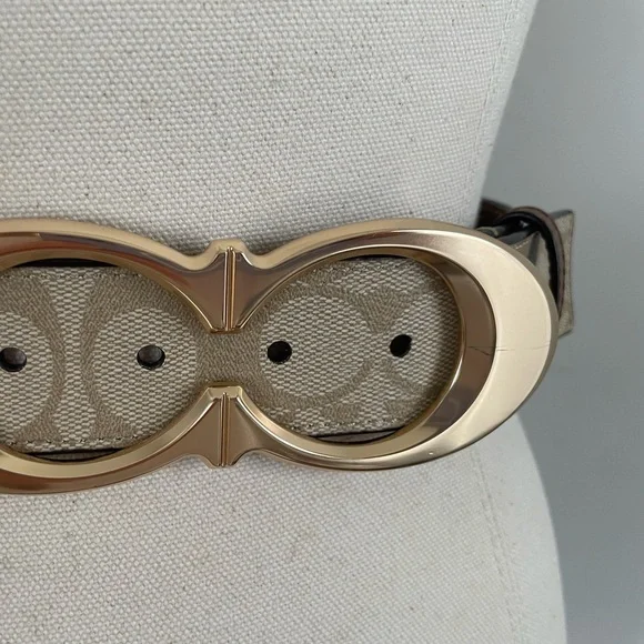 EUC COACH 38mm KISS C SIG PVC/Leather Womens Light Khaki/ Gold Belt Sz M - Picture 5 of 8